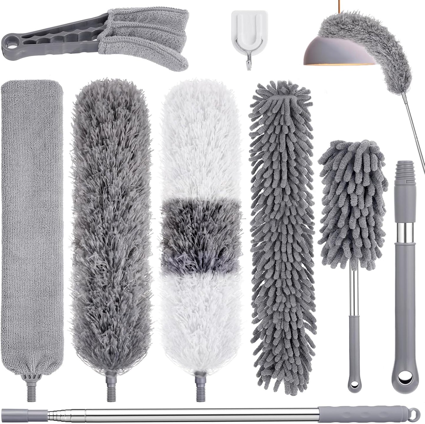 9PCS Dusters for Cleaning,Extendable Microfiber Duster with Extension Pole Up to 100'',Bendable Washable and Reusable Dusters Kit for Ceiling Fans, High Ceilings,Blinds,Furniture and Cars