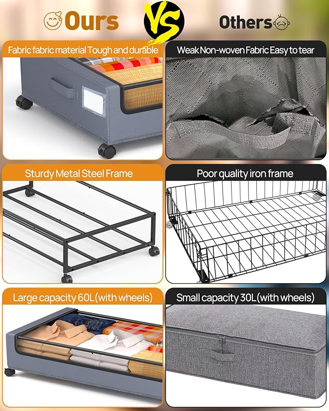 Under Bed Storage With Wheels, 2 Pack Square Containers, 60L Bins, Rolling - Image 3