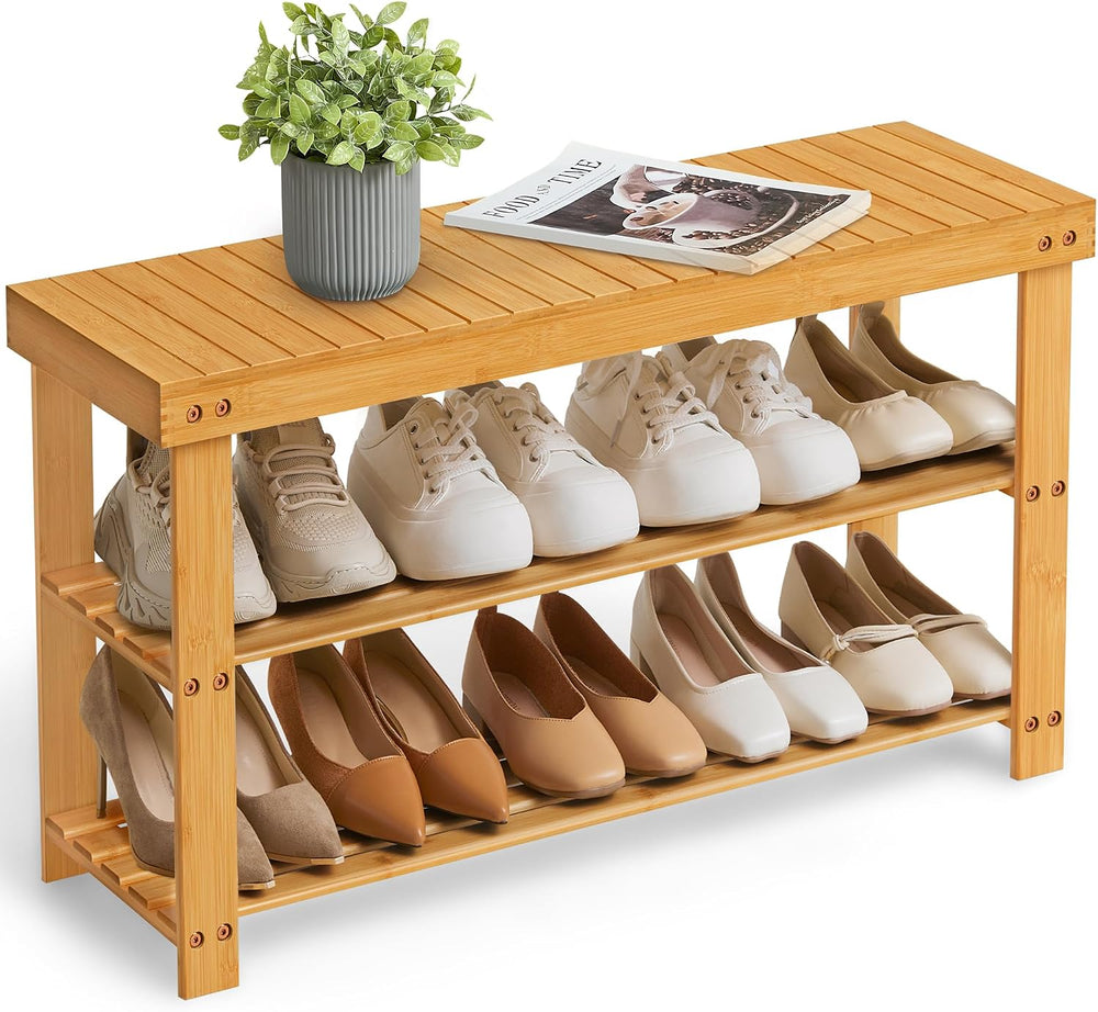 SONGMICS Shoe Rack Bench, 3-Tier Bamboo Entryway Bench, 35.4 Inches Width