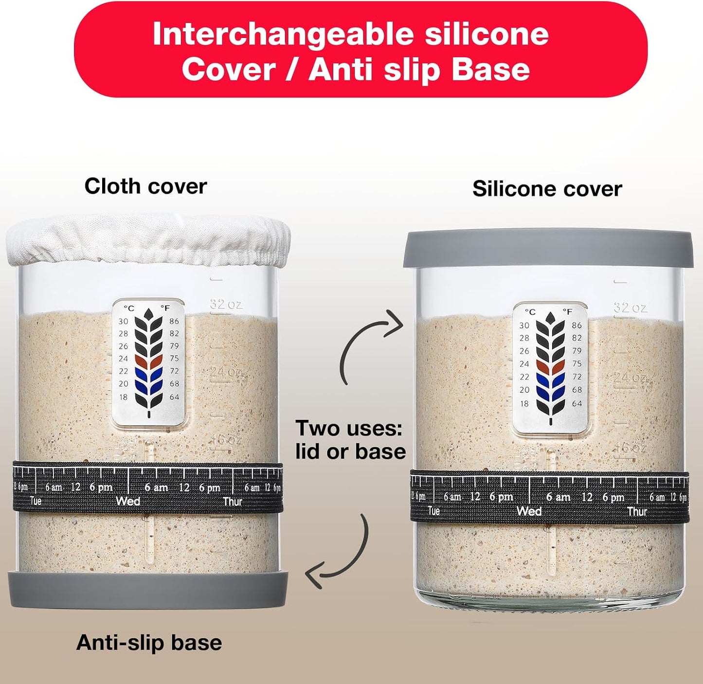 2 Pack Premium Pro Sourdough Starter Jar Kit - 40oz Large Wide Mouth Sourdough Bread Jar with Marked Feeding Band, Thermometer, Scraper, Cloth Cover & Silicone Lid/Base, Glass Container, Baking Supply