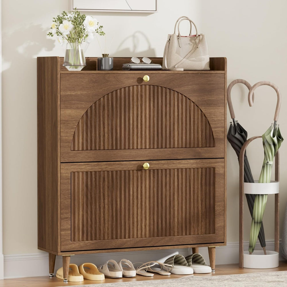 Shoe Storage Cabinet with 2 Flip Drawers (Walnut, 2 Flip Drawers)