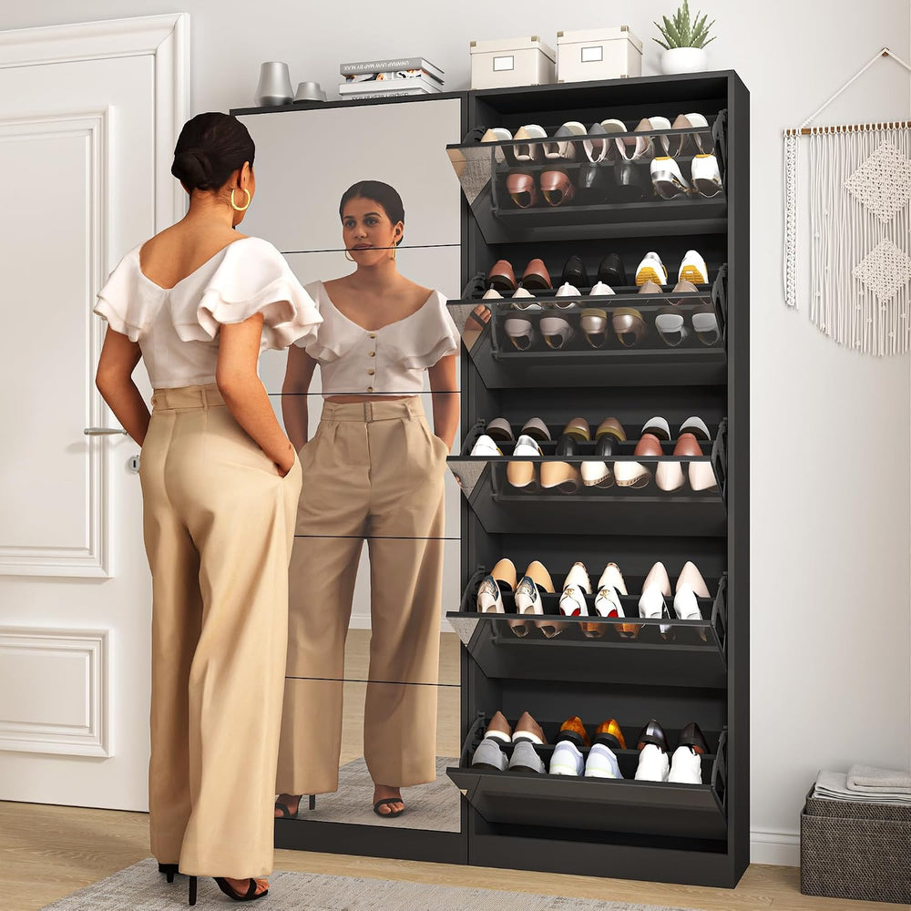 Mirrored Shoe Storage Cabinet with 5 Flip Drawers, 30 Pairs