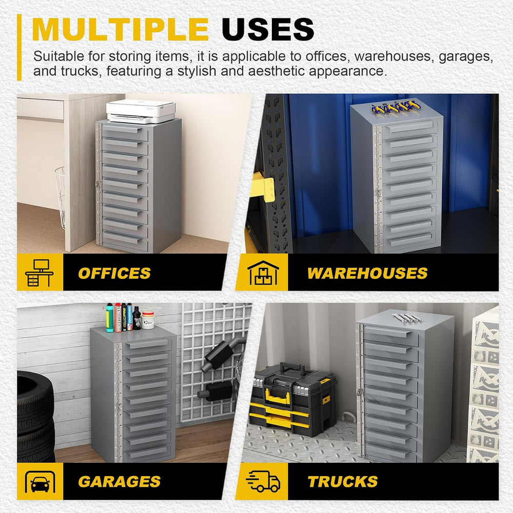9-Drawer Storage Cabinet, Lockable Steel Parts Cabinet Bolt Bin