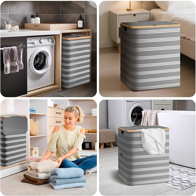 BALEINE Laundry Hamper with Lid, Tall Laundry Baskets with Bamboo Pull Handles - Image 8