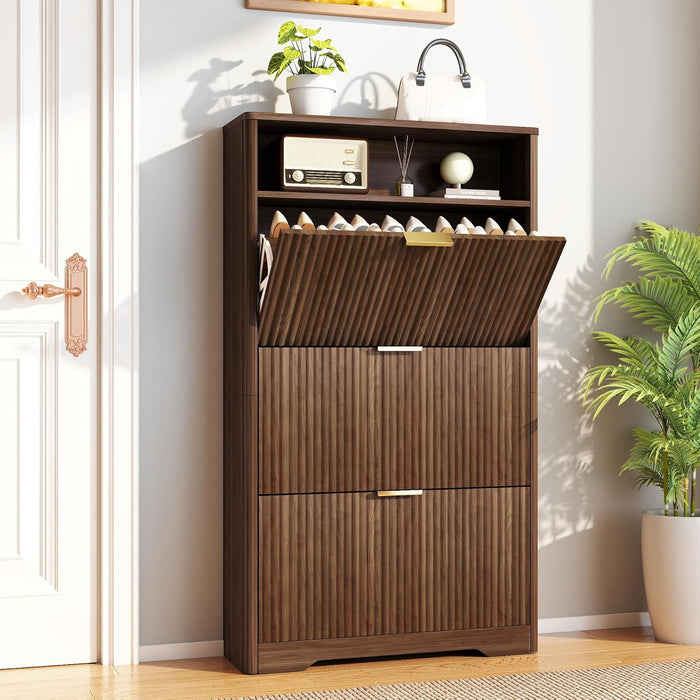 Rovibek Shoe Cabinet Storage for Entryway, Narrow Shoe Rack with 3 Flip Drawers, Wood Fluted Shoe Cabinet Mid-Century & Rounded Corner Design, Hidden Shoe Storage for Entryway, Walnut