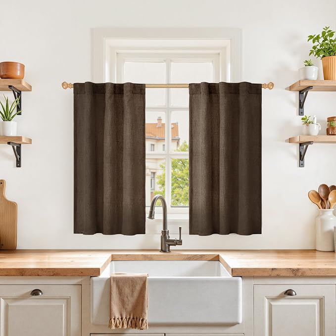 YoungsTex Brown Linen Kitchen Curtains 36 Inch Length, Half Window Drapes Light by YoungsTex