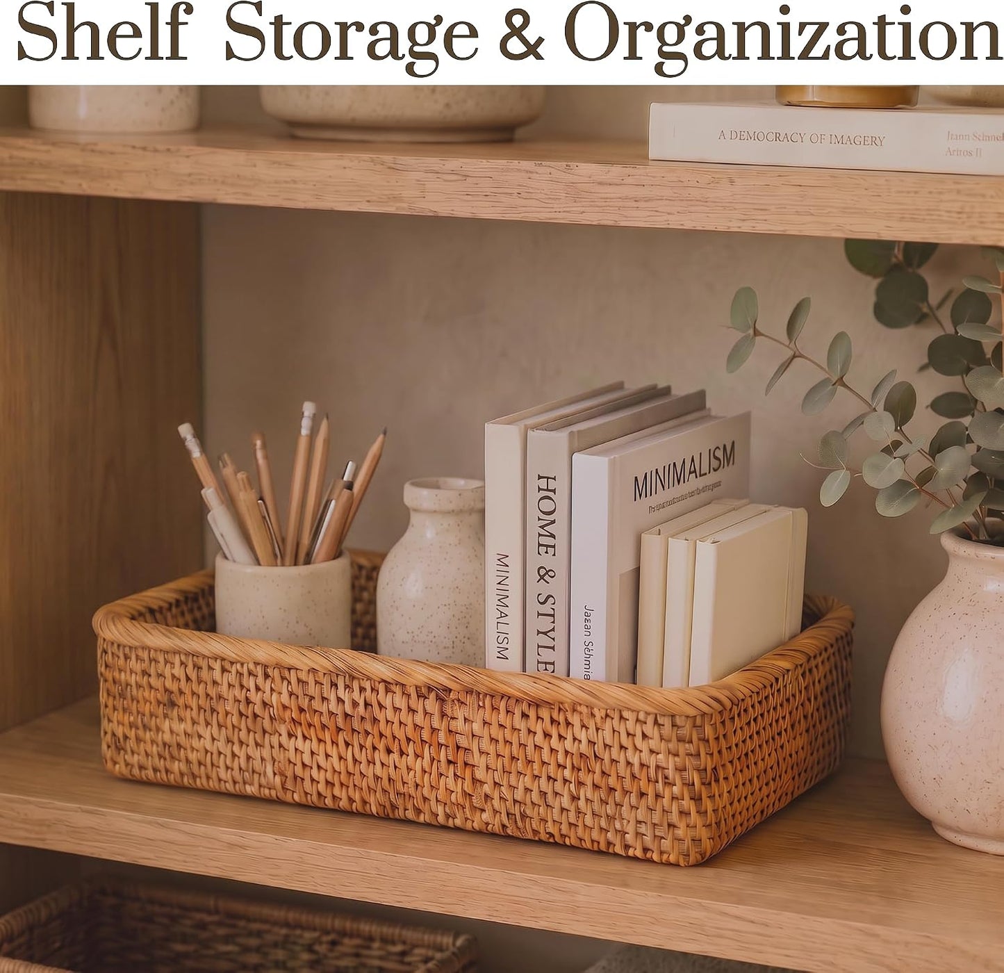 Yangqihome Natural Rattan Storage Baskets, Rectangular Woven Fruit Baskets, Decorative Wicker Basket and Small Baskets for Organizing (Set of 3)