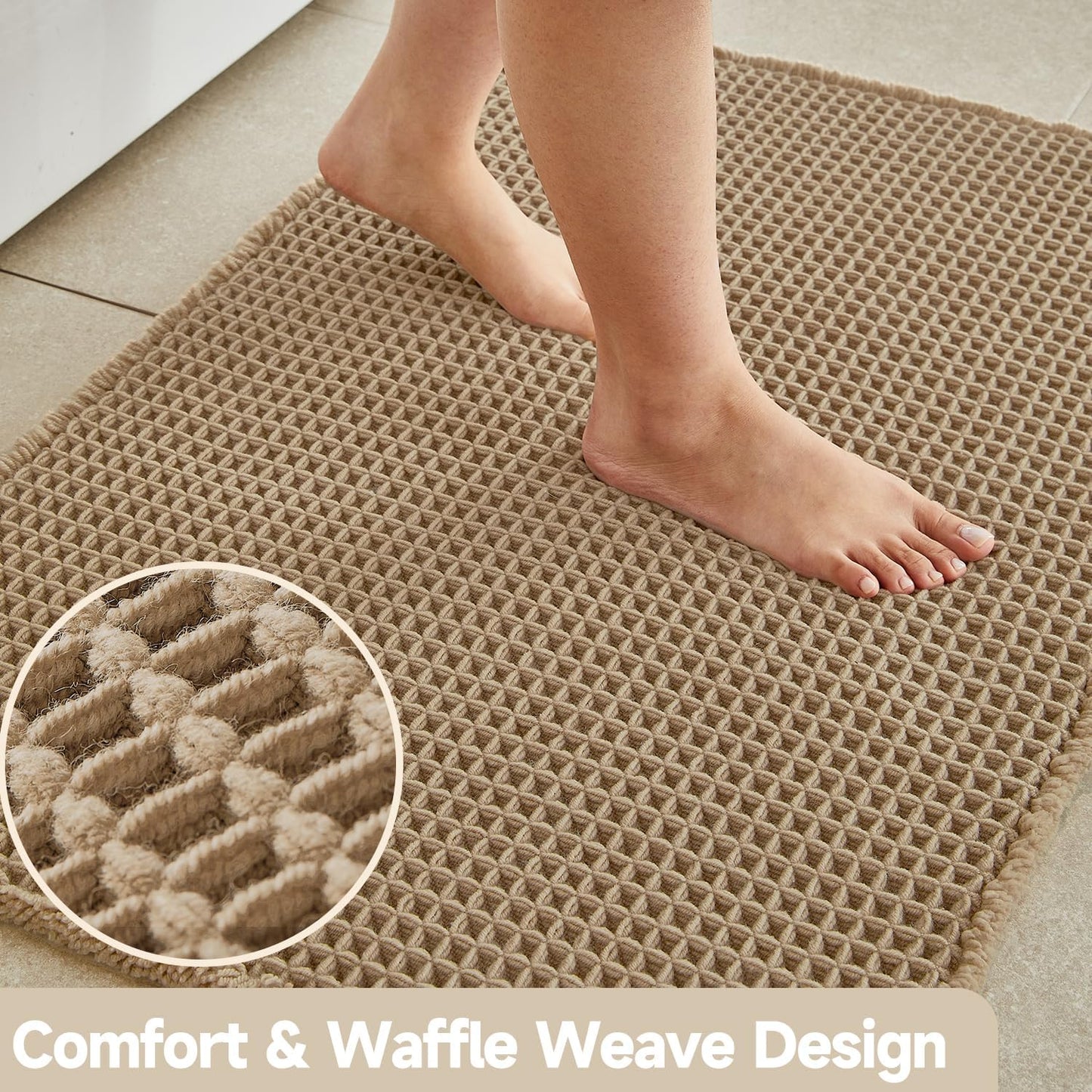 TYUU Waffle Bath Mat, Boho Bathroom Rugs Non Slip Washable Super Absorbent Quick Dry Farmhouse Bathroom Decor, 30"x20" Khaki