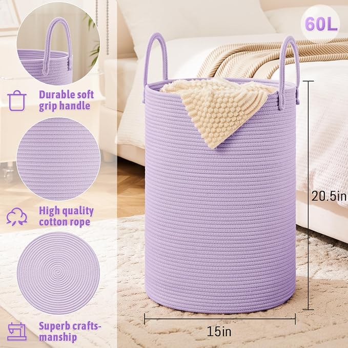 Laundry Basket, Woven Cotton Rope Laundry Hamper, 60L - Image 6