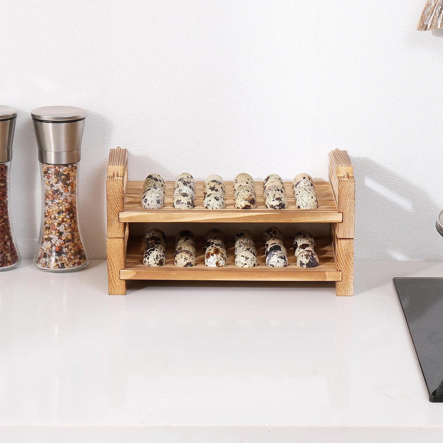 Stackable Wooden Quail & Pigeon Egg Holder Countertop, Farmhouse Kitchen Fresh Quail & Pigeon Egg Display Storage Rack Organizer Tray, 48 Slots, Natural Wood, Chemical-Free Coating