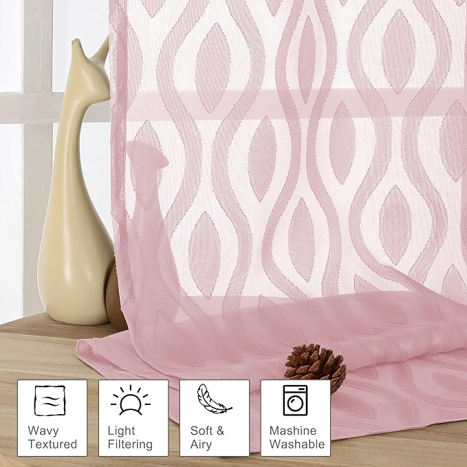 Aiyufeng Pink Curtains Kitchen 14 Inch Length, Clip Jacquard Chic Wavy Line - Image 2