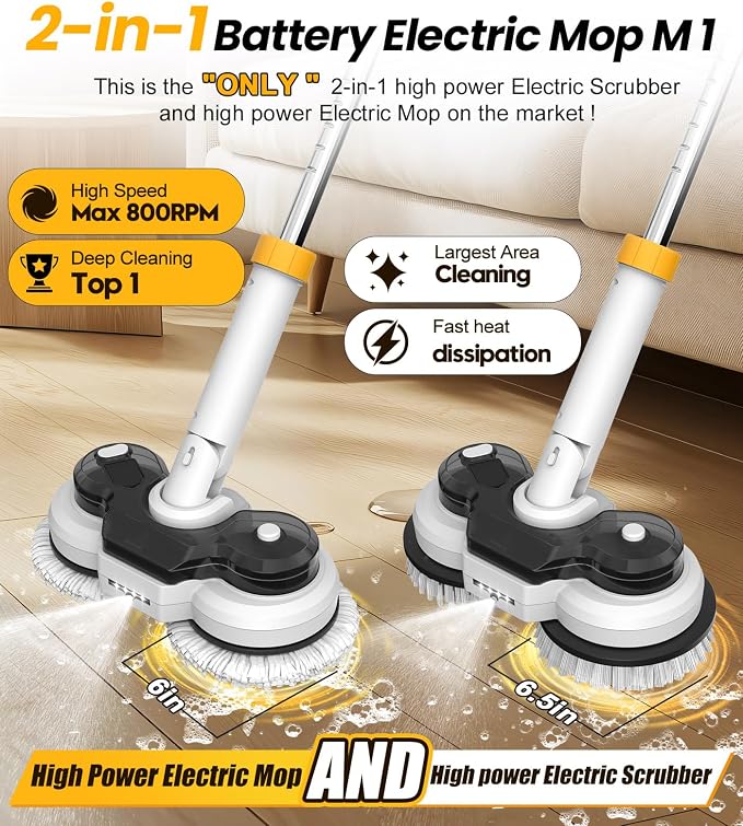 qimedo 800RPM Cordless Electric Mop, 6000mAh Battery Electric Power Scrubber & - Image 2