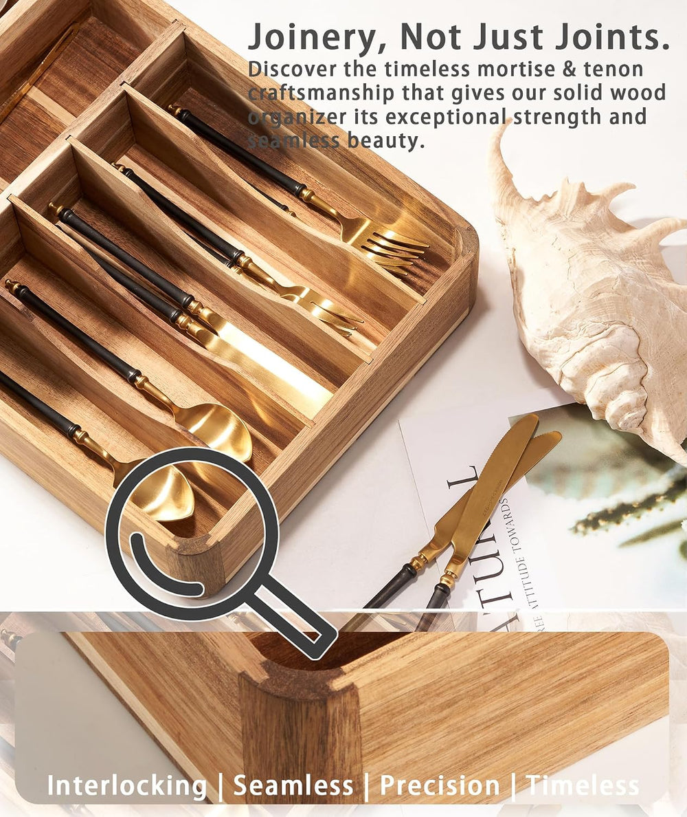 Silverware Drawer Organizer, Acacia Wood Tray for Cutlery & Flatware | Fi...