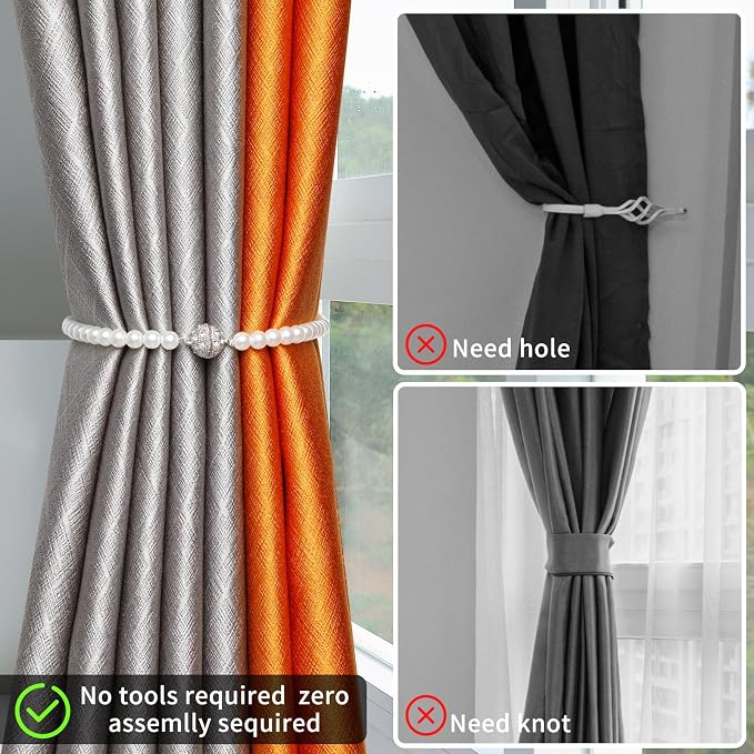 Magnetic Tiebacks for Curtains, 2 Pack Bow Pearl Curtain tiebacks Curtain - Image 6