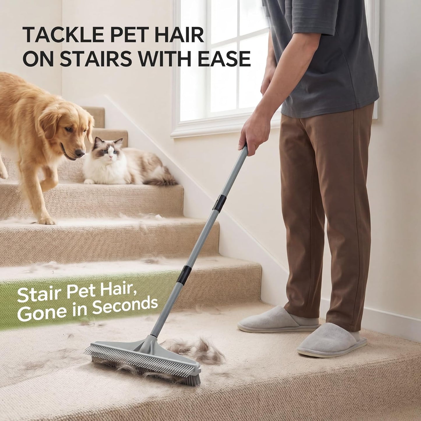 Walensee Carpet Rake for Pet Hair Removal, 2 in 1 Rug Rake to Fluff Carpet with Nylon Groomer Brush, Adjustable Long Handle for Shag Rugs, Stairs, Mats and Floors, Rubber Broom