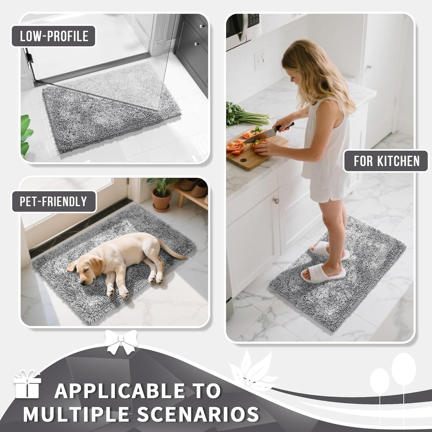 Yimobra Chenille Bathroom Rugs Non Slip, Extra Thick Soft Absorbent Bath Rug, Machine Washable Quick Dry Bath Mat for Bathroom Floor, Tub and Shower, Home Decor Accessories, 24x17, Light Grey