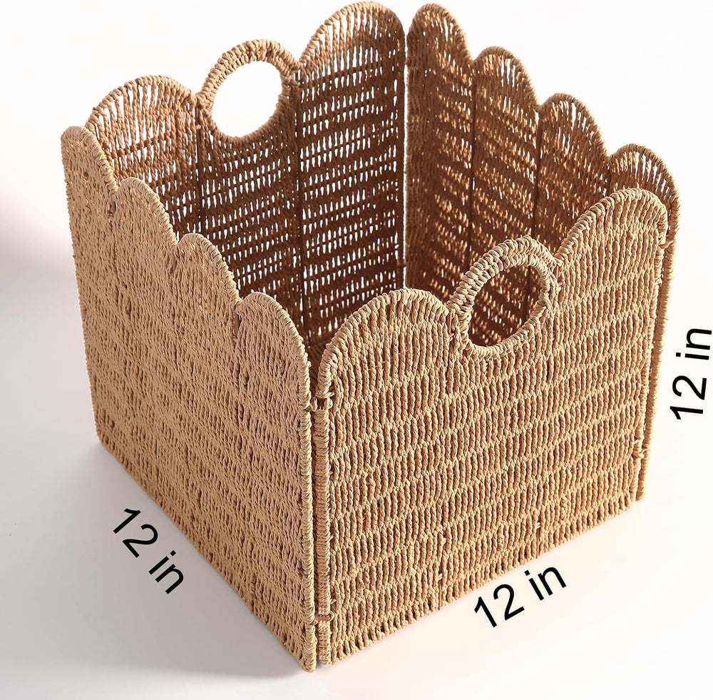 Scalloped Wicker Storage Cubes Basket, 12”x12“ Heavy Duty Paper rope/Hyacinth...