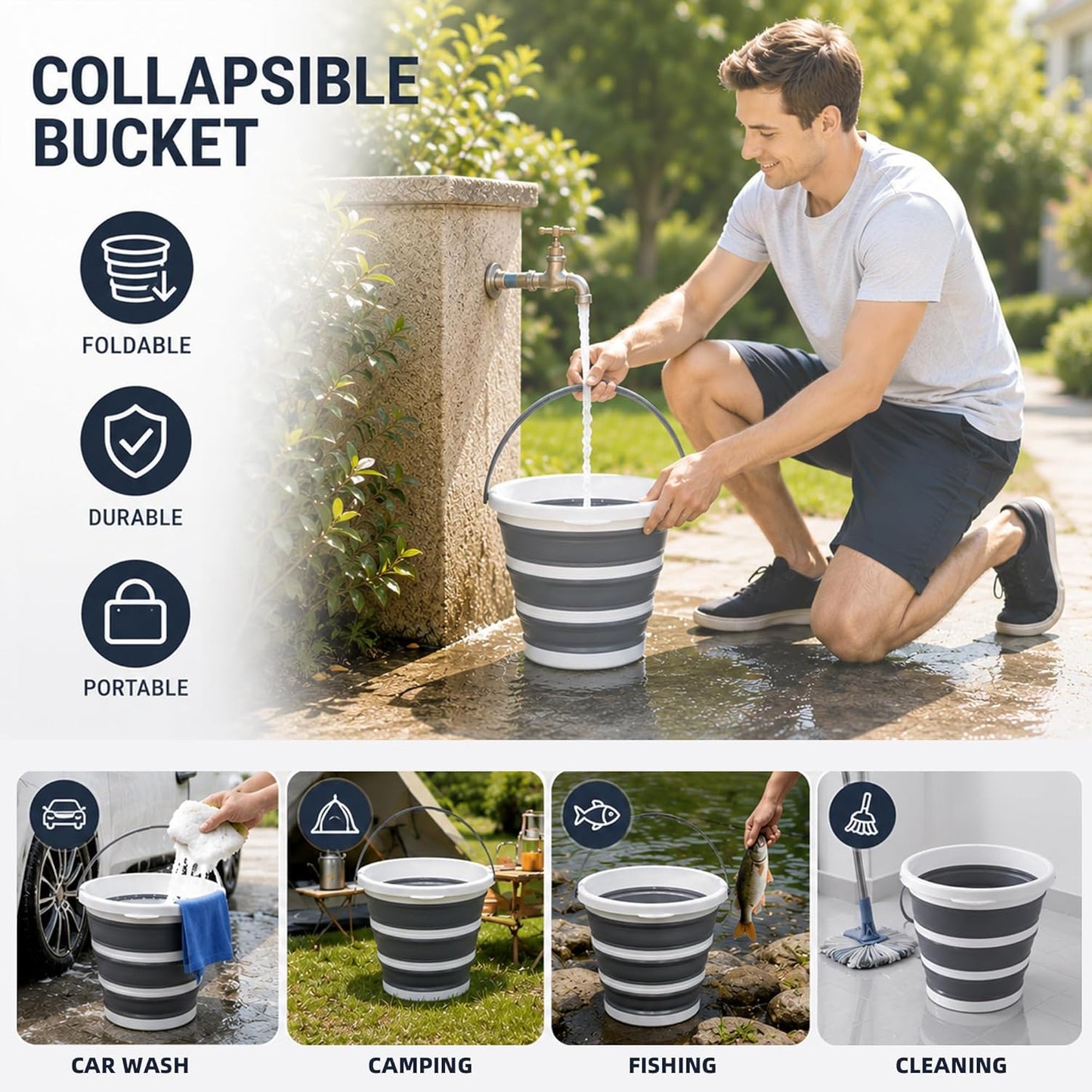 10L Round Collapsible Bucket, 2.6 Gallon Portable Folding Water Container with Handle for Camping, Fishing, Hiking, Travel & Gardening
