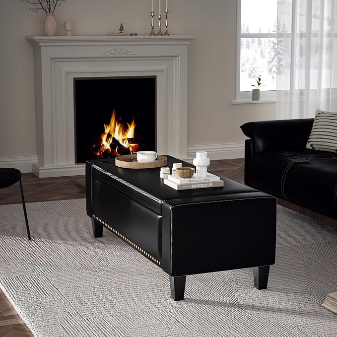 48.8" Storage Ottoman Bench Black | Faux Leather Bedroom Bench - Image 7