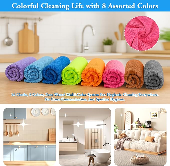 Microfiber Cleaning Cloths 16 Pack 8 Color Cleaning Rags - Image 2