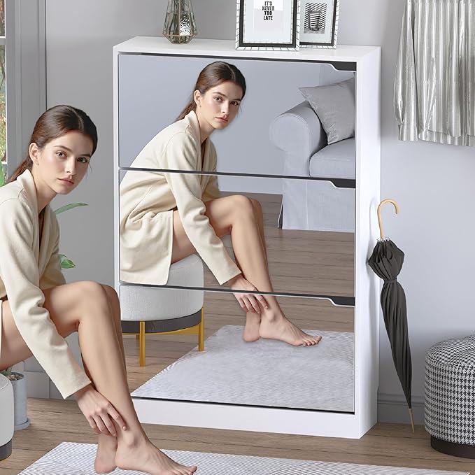 Shoe Cabinet with 3-Flip Mirror Drawers, Freestanding Shoe Rack Organizer with - Image 3