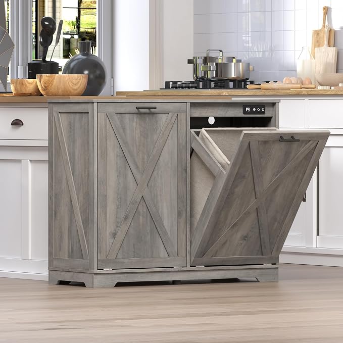 Tilt Out Trash Can Cabinet for 2 Bins, Hidden Recycle Garbage Bin Enclosure - Image 6