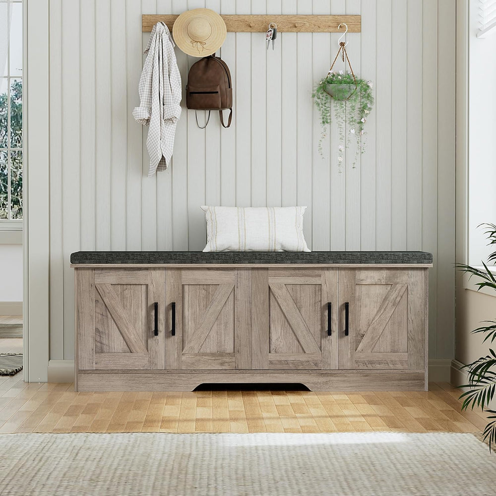 HOMSHO Farmhouse Shoe Storage Bench with 4 Barn Doors & Padded Seat Cushion
