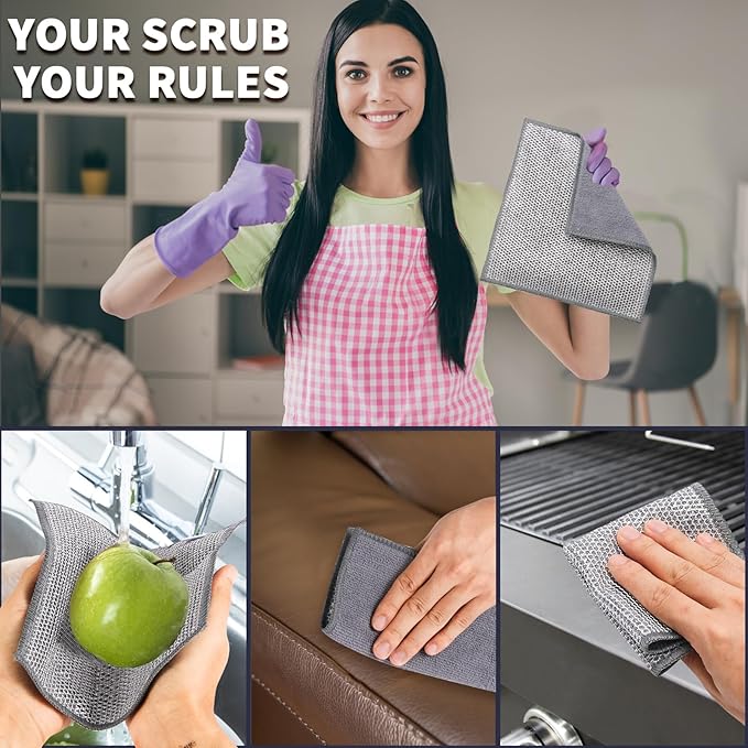 2 in 1 Stainless Steel Scrubber & Microfiber Cleaning Cloth, 5 Pack Towel & - Image 6