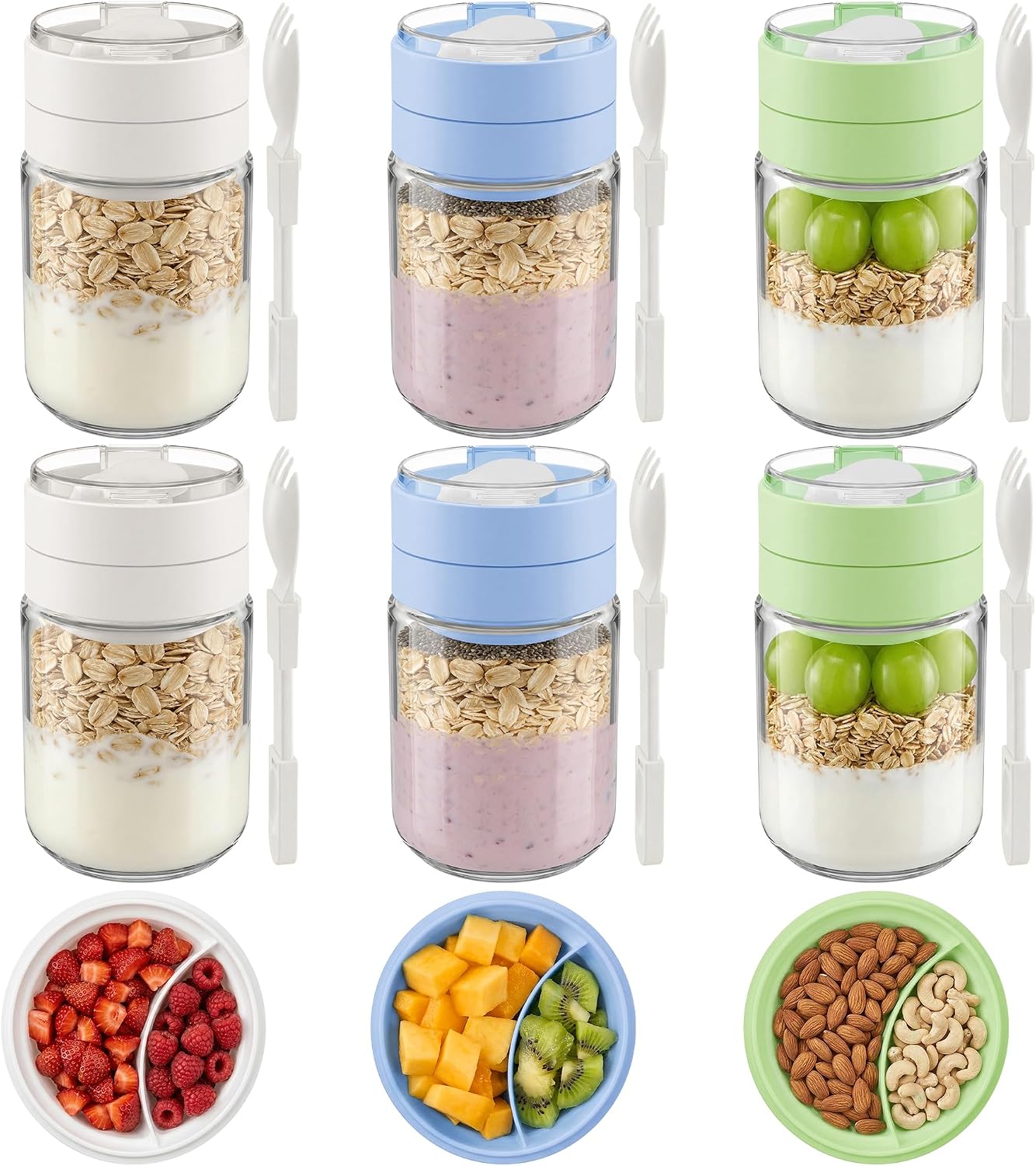 Vtopmart 6 Pack 16oz Glass Overnight Oats Container with Spoon, Compartment | Folding Spoons, Divided Compartments, Airtight Leakproof, Portable, Wide Mouth, For Yogurt, Chia Pudding, Salad Pickling