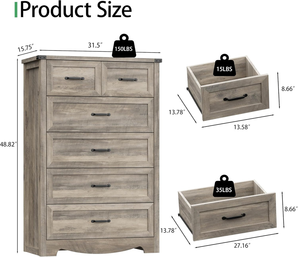Dresser for Bedroom with 6 Drawers, 49" Tall Wood Chest of Drawers with ...