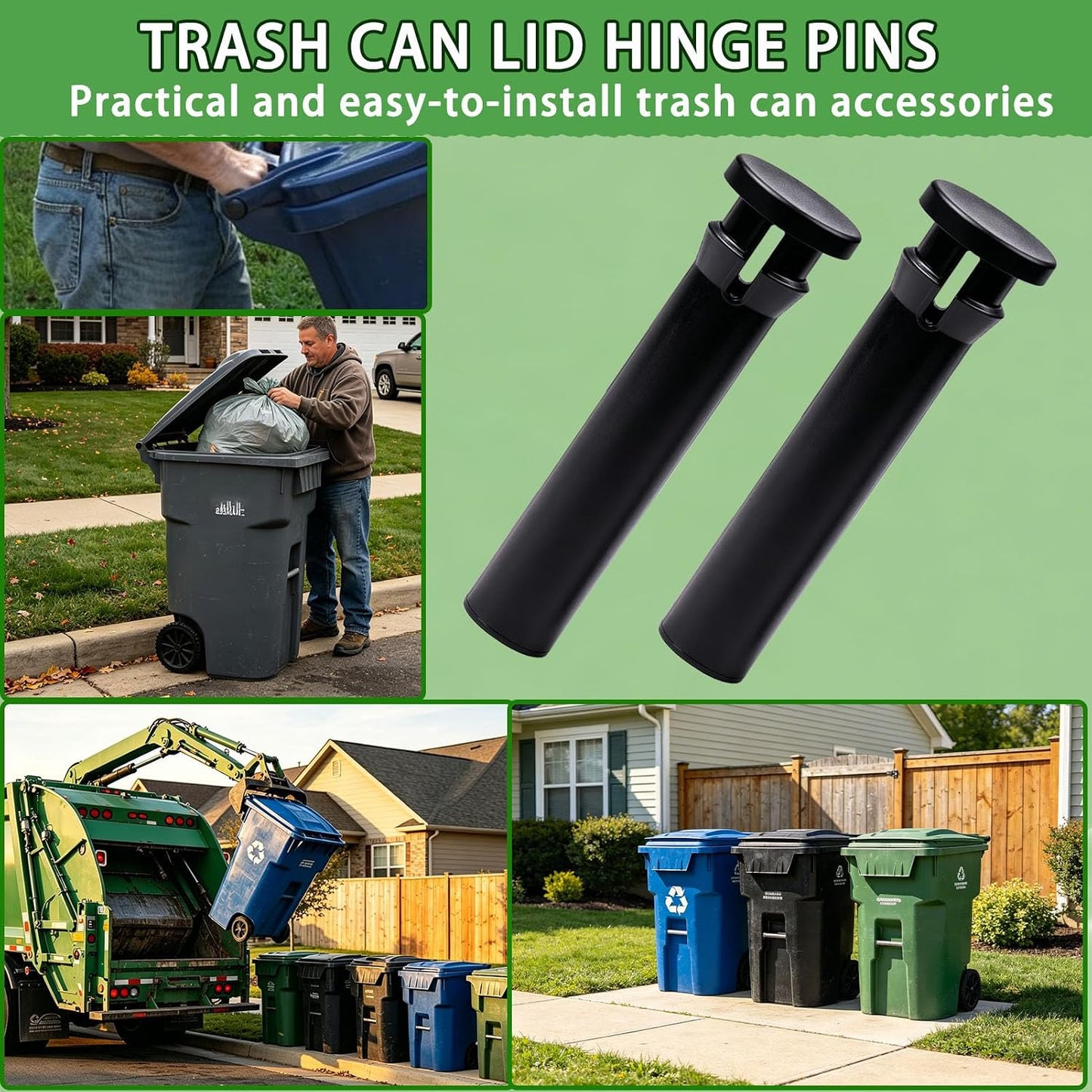 2 Pack Heavy Duty Wheelie Trash Can Bin Lid Hinge Pins Fit for Rehrig Sierra Huskylite 95-Gallon Wheeled Trash Can Lids Latch Stronger for Outdoor Household Commercial Wheelie Trash Bins Accessories