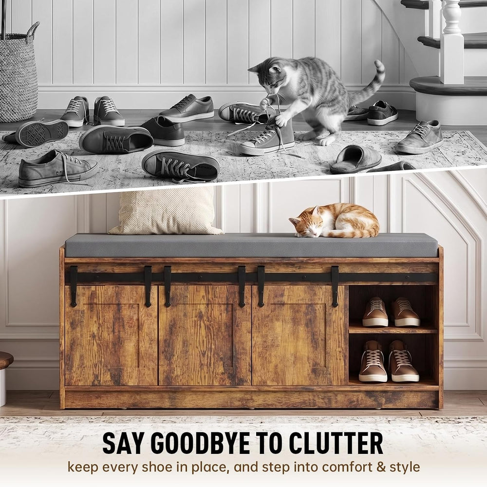42" Farmhouse Shoe Storage Bench with Seating Cushion,for Entryway