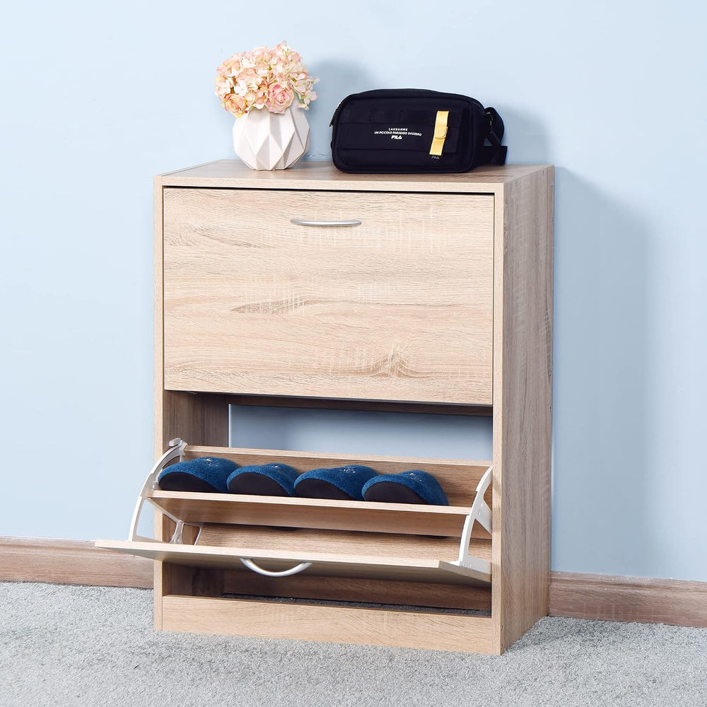 Shoe Cabinet, 2 Flip Drawers Wooden Freestanding Shoe Rack, Wooden Shoe Stora...
