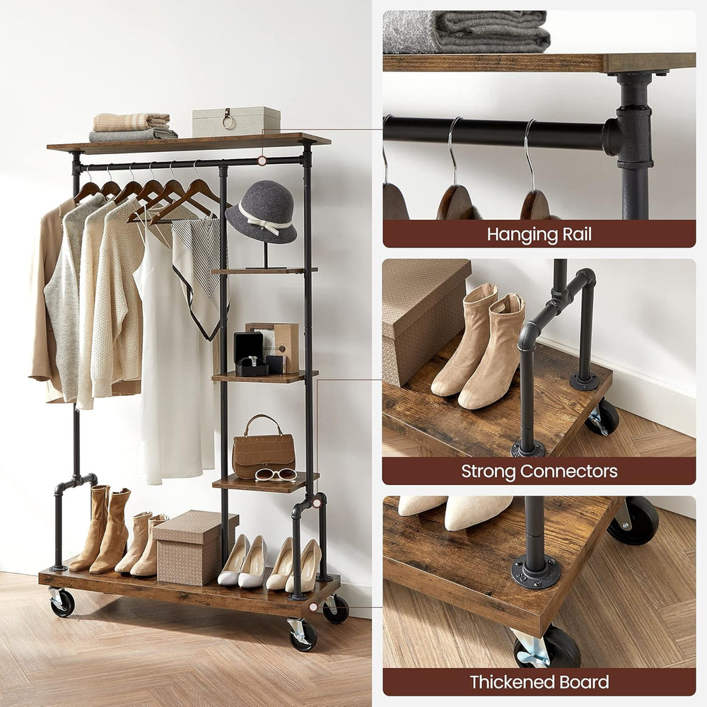 VASAGLE Clothes Rack, 5-Tier Garment Rack on Wheels, Industrial Pipe Style