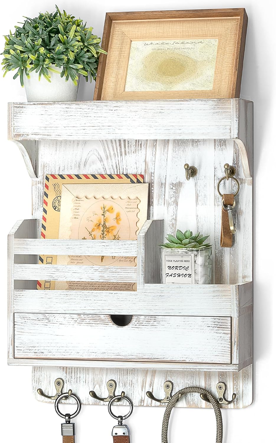 Rebee Vision Key Holder Wall Mount with Drawer for Home Decor, Whitewash