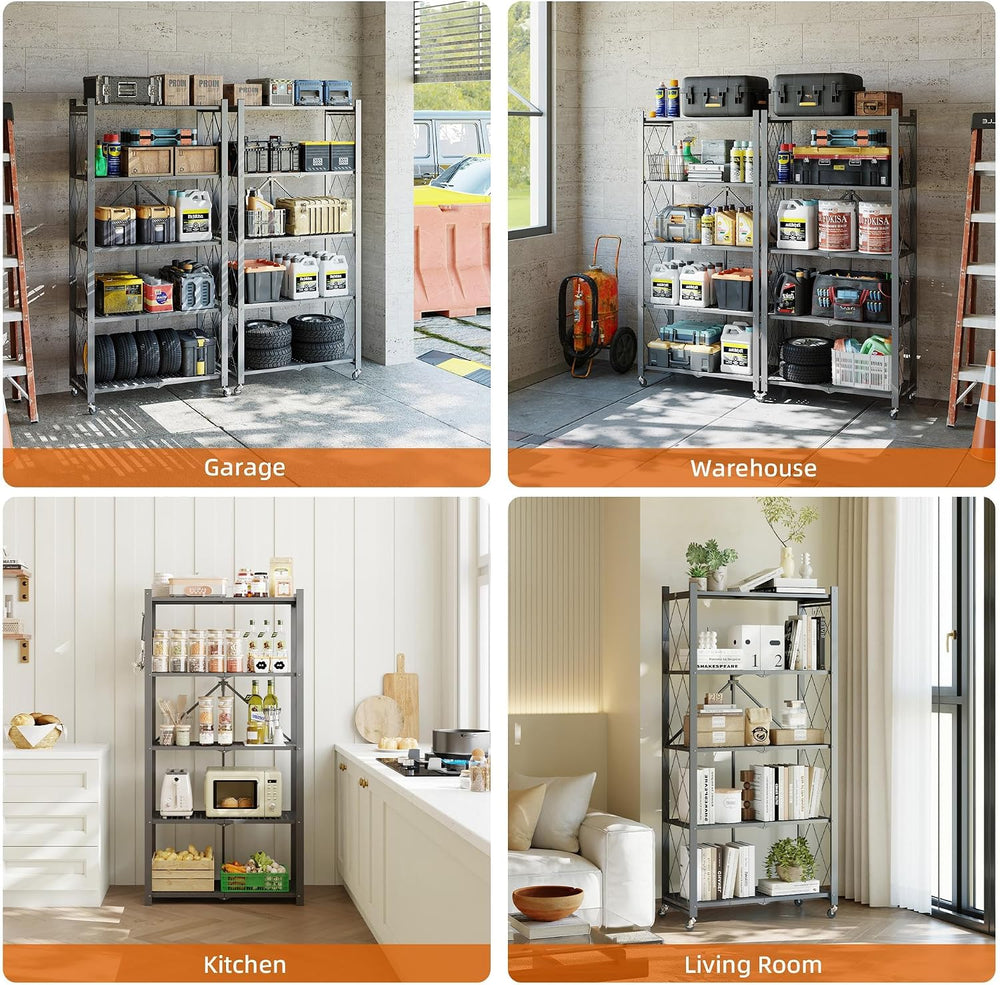 Fenbeli Foldable Shelves with Wheels - 5 Tier Folding Shelf, Collapsible No A...