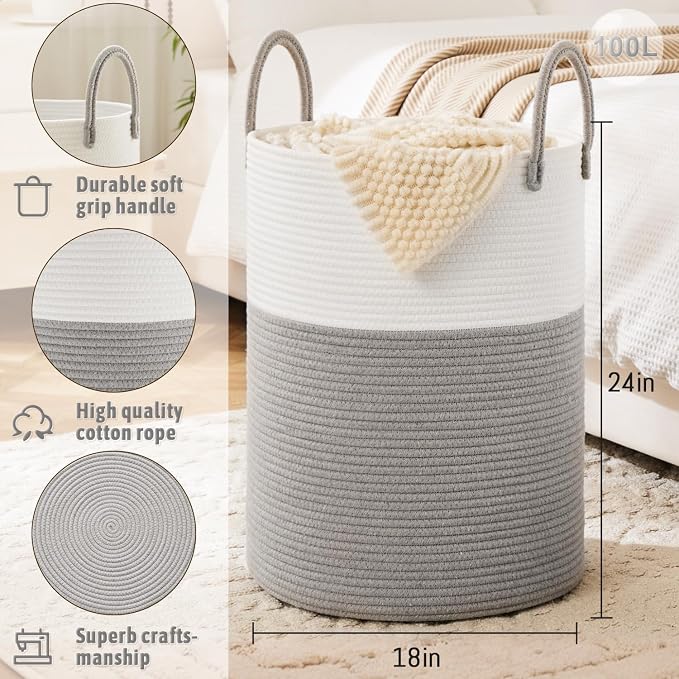 Laundry Basket, Woven Cotton Rope Laundry Hamper, 100L - Image 6