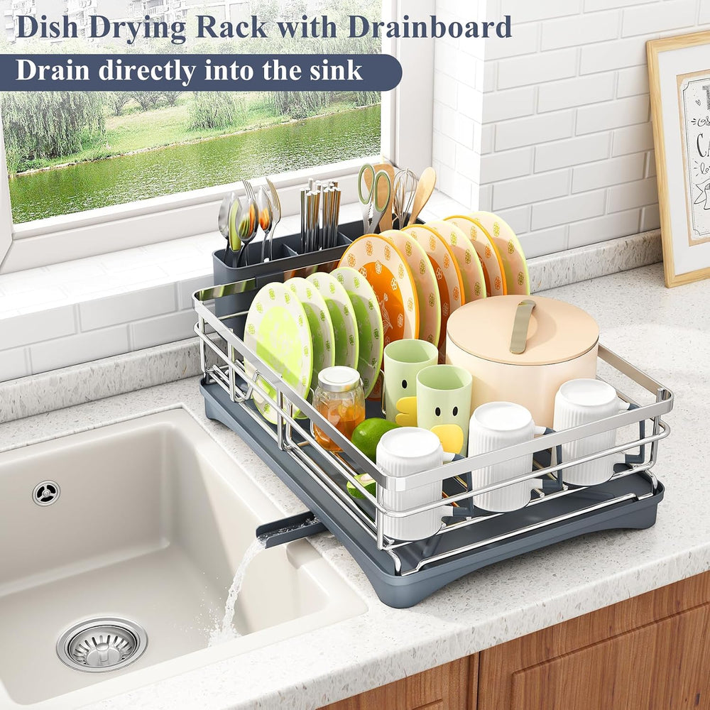 SAYZH Dish Drying Rack for Kitchen Counter with Utensil Holder, Silver