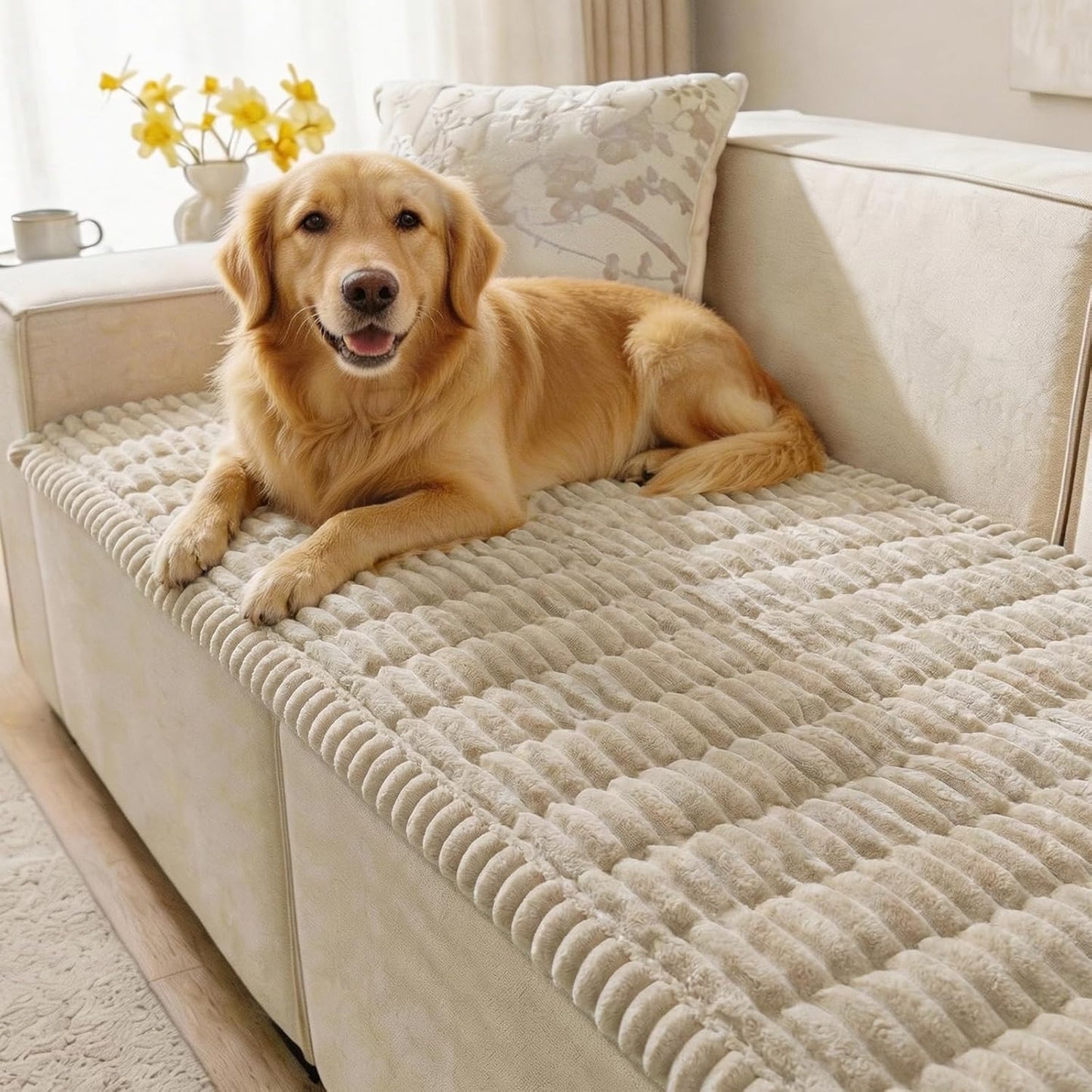 SureFit Couch Covers for Dogs,Washable Couch Protector for 3-Cushion Sofa,Non-Slip Paw Print Grip,Soft Skin-Friendly Furniture Cover for Pets,Thick and Cozy Slipcover for Sofa Cushions(28”x71“ Khaki)