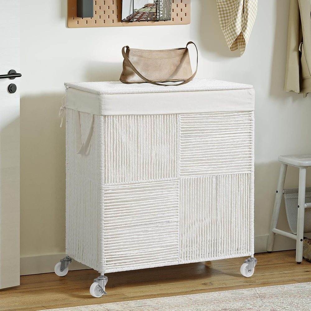 WOWLIVE Double Laundry Hamper with Wheels, Handwoven Rolling Laundry Basket
