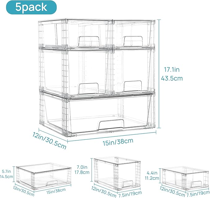 Vtopmart Clear Stackable Storage Drawers Set of 5, Easily Assemble Acrylic - Image 3