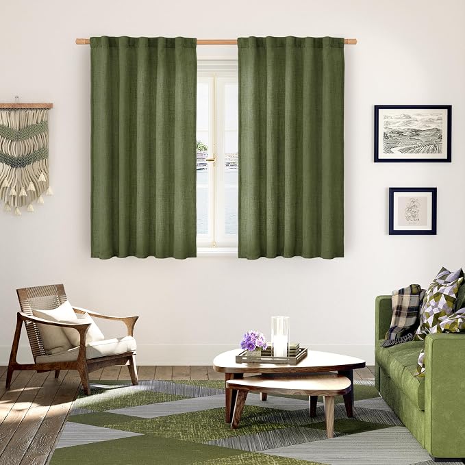 YoungsTex Olive Green Linen Curtains 45 Inch Length, Short Window Drapes Light - Image 2