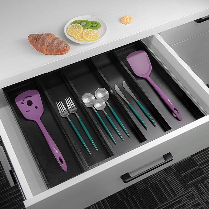 Utoplike Bamboo Drawer Organizer Kitchen Utensils, Adjustable Black Silverware - Image 2