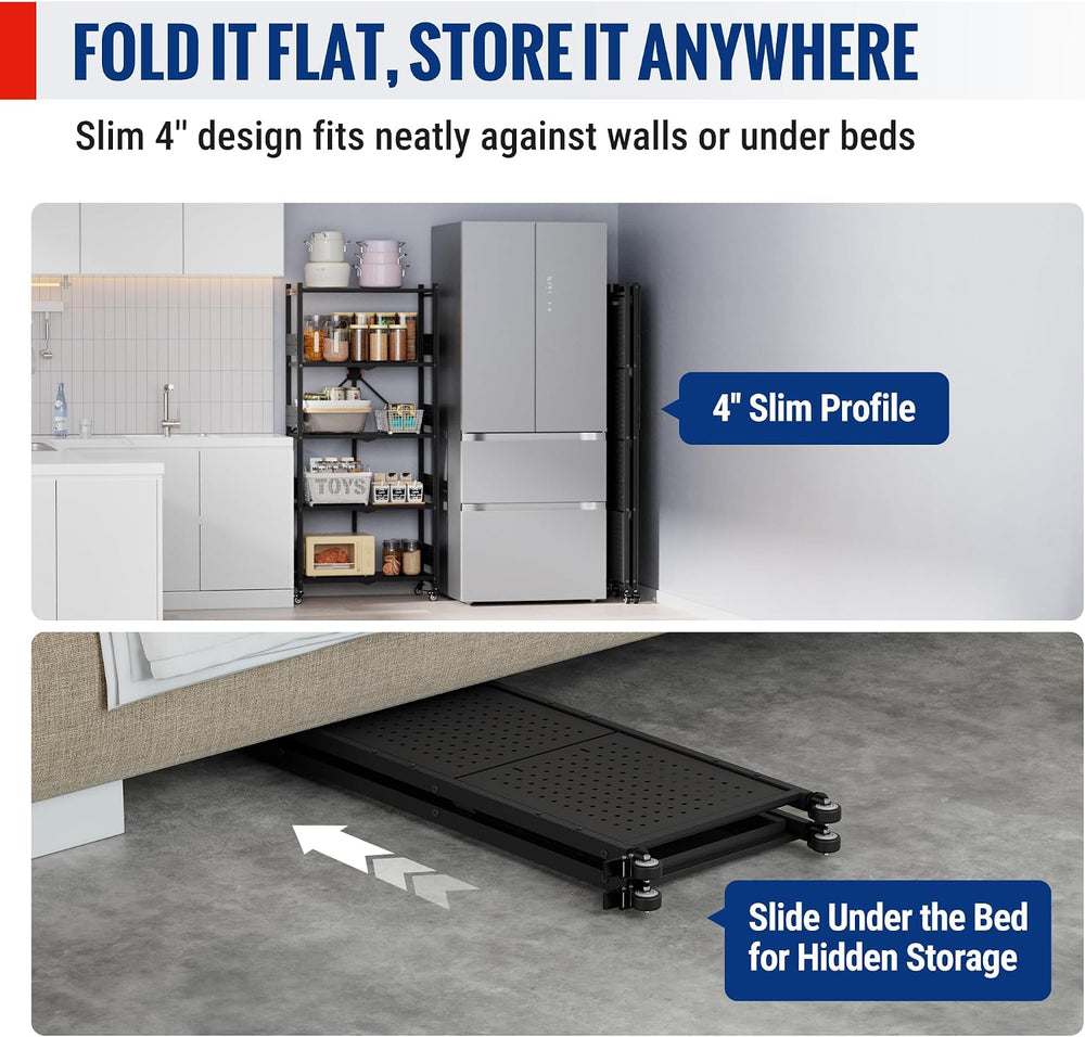WORKPRO 5-Tier Folding Shelf, No-Assembly Metal Storage Rack with Wheels, 750...