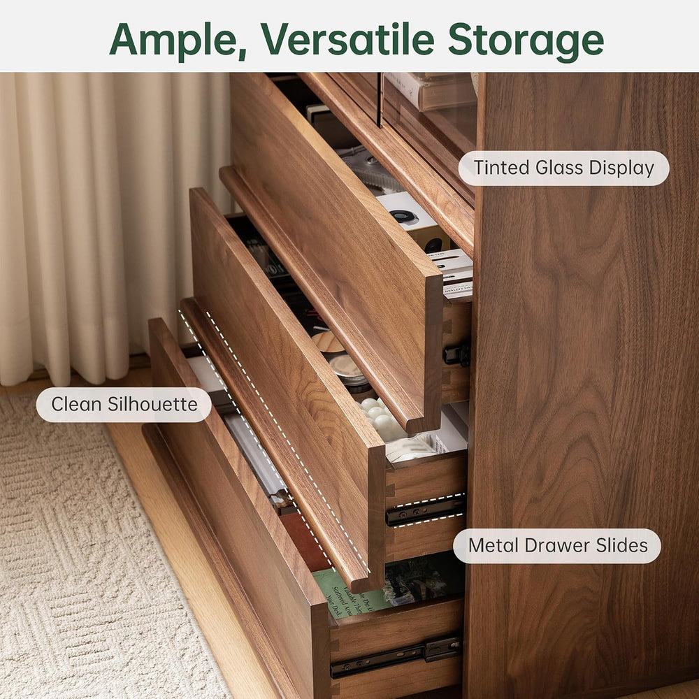 100% Solid Black Walnut Storage Cabinet with Dimmable LED, Glass Doors, Adjus...
