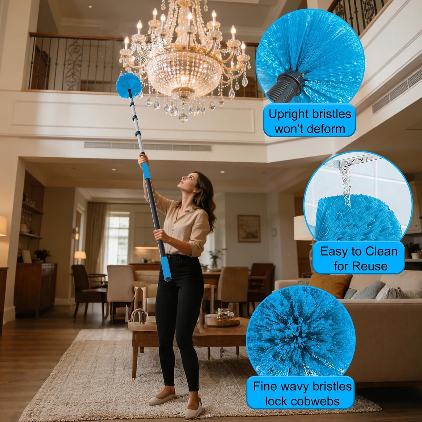 26FT Reach Cobweb Duster with Extension Pole - Spider Web Brush for Cleaning with 5-20FT 4-Section Flip-Lock Telescopic Pole, Effortlessly Cleans High Indoor & Outdoor Webs