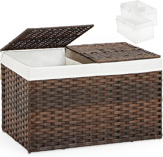 Storage Basket with Lid Rattan Storage Basket with 2 Separate Lid, 27.8 Gallon by SETVSON
