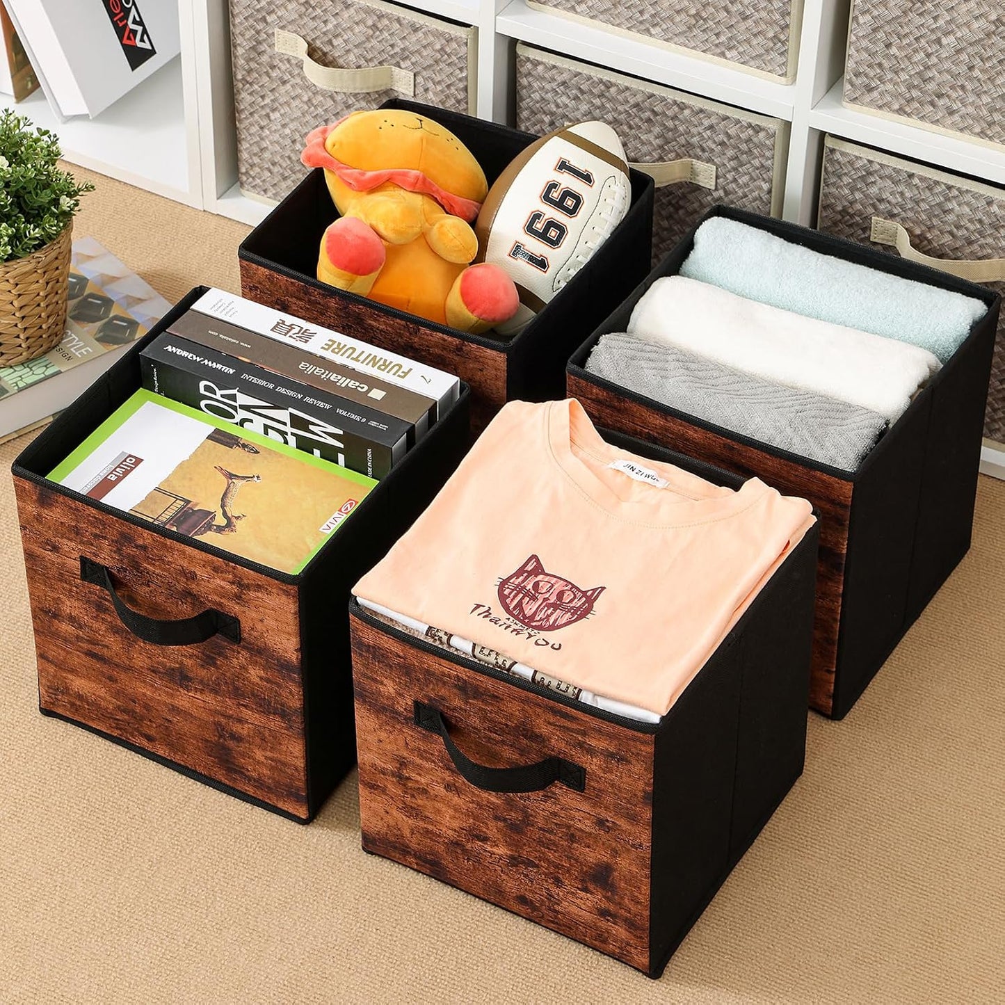 Stero Fabric Storage Cubes, 3 Pack Foldable Storage Bins with Handle, 11 Inch Storage Baskets Box for Shelves, Closet, Organizer, Rustic Brown and Black