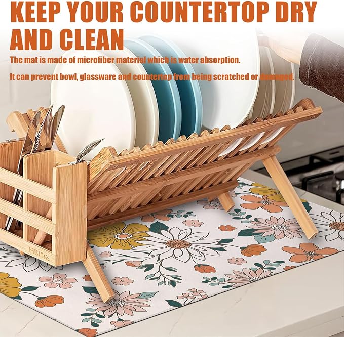 Boho Flower Dish Drying Mat for Kitchen Counter Microfiber Absorbent Dish - Image 6