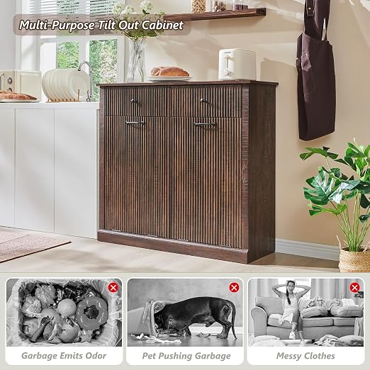 Modern Double Tilt-Out Trash Cabinet, 20 Gallon Fluted Laundry Hamper Cabinet - Image 4